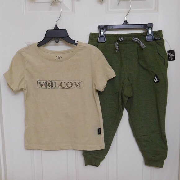 NWT 3pc Volcom Beige Black Olive Green Plaid Coat Shirt & Joggers Set sz 4t - Picture 2 of 2